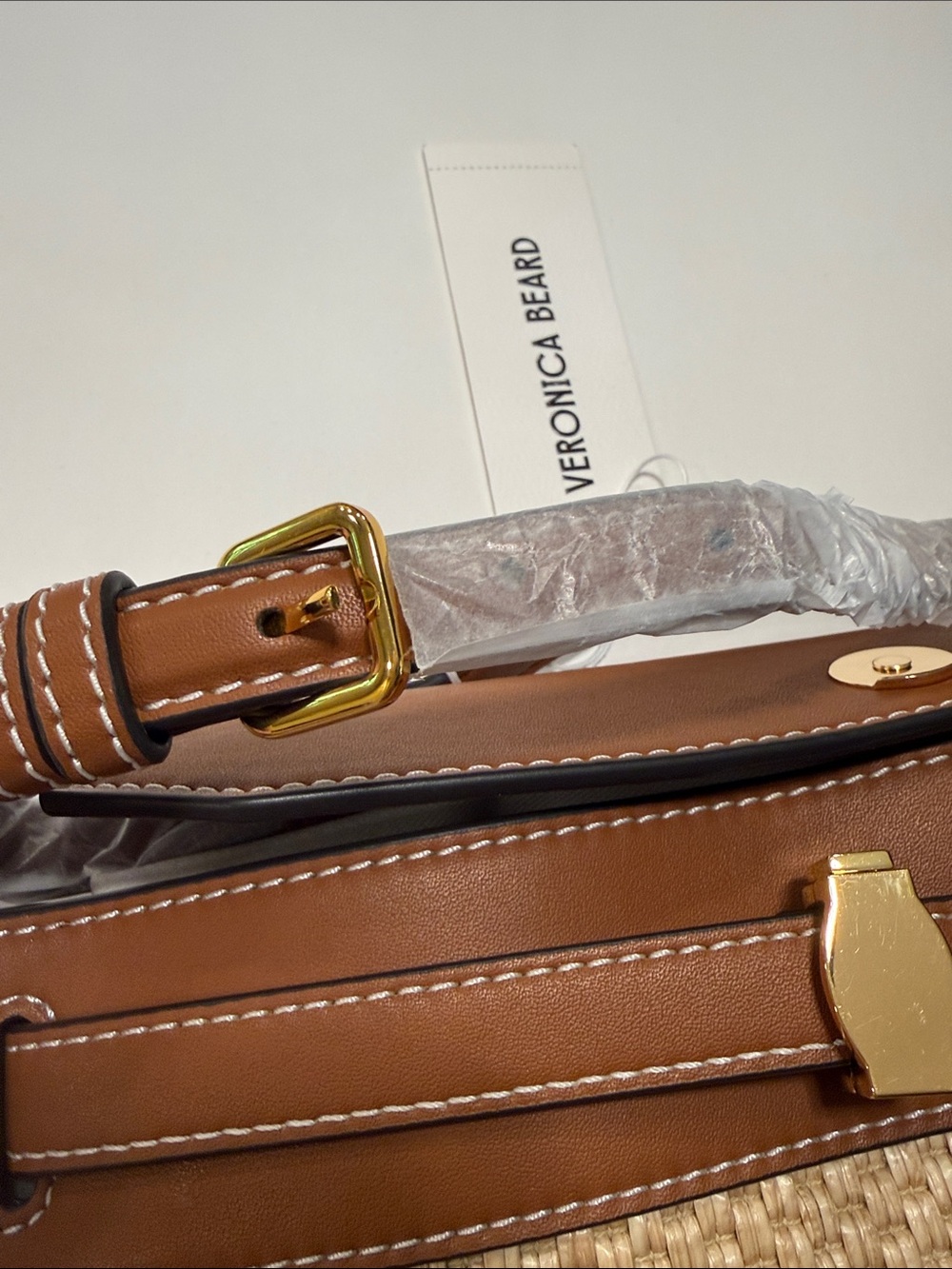 Veronica Beard Dash Raffia Clutch Hazelwood Leather Top Handle Bag - Picture 9 of 12